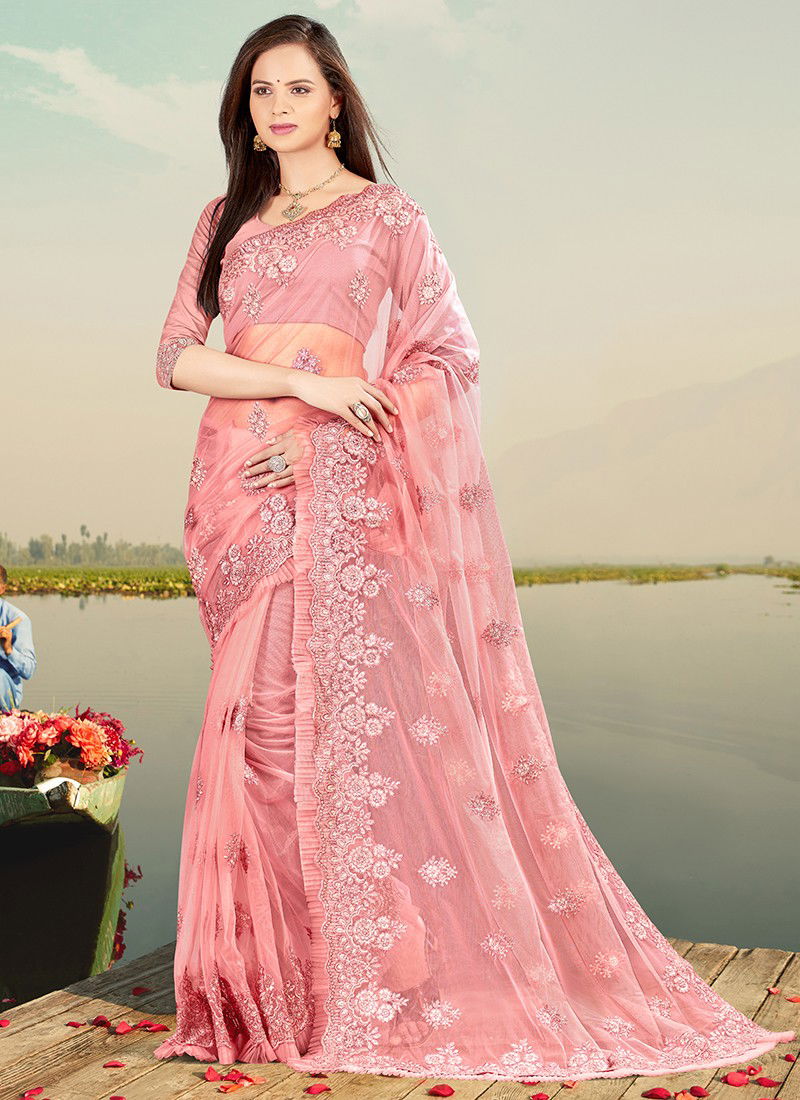 Nari Fashon Latest Fancy Festive Wear Heavy Resham Coding With Silver Jari Emberoidery Work With Frill Border Designer Net Saree Collection 
